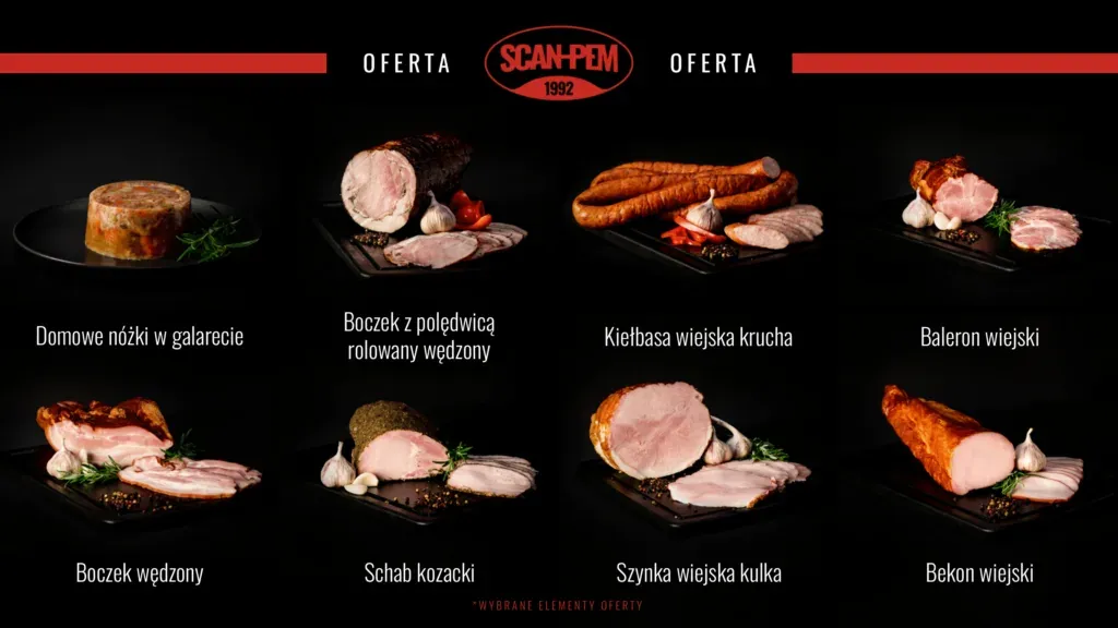 Asortyment SCAN-PEM: wędliny, nóżki w galarecie i hamburgery wołowe